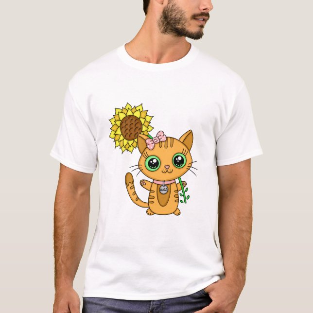 Cute Kawaii Cat Holding Flower T Shirt (Framsida)