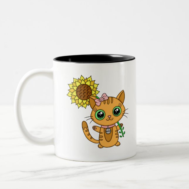Cute Kawaii Cat Holding Flower Två-Tonad Mugg (Vänster)