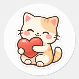 Cute Kawaii Cat Holding Heart – Adorable Love  Runt Klistermärke
