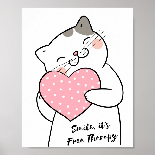 Cute Kawaii Cat Holding Heart Positive Ord Poster (Framsidan)
