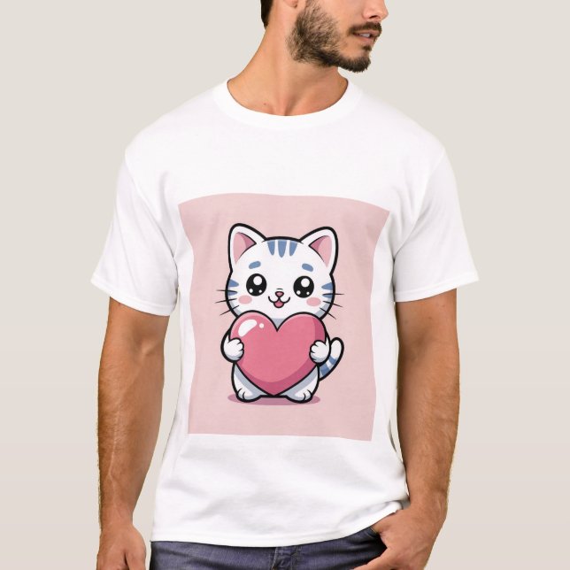 Cute Kawaii Cat Hugging Giant Pink Heart Sticker ✨ T Shirt (Framsida)