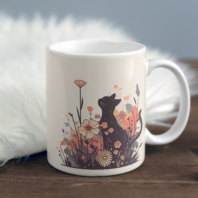 Cute Kawaii Cat i Fält Fullt Flowers Kaffemugg (Skapare uppladdad)