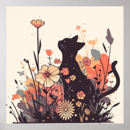 Cute Kawaii Cat i Fält Fullt Flowers Poster