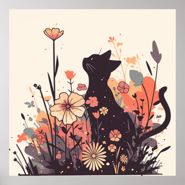 Cute Kawaii Cat i Fält Fullt Flowers Poster (Framsidan)