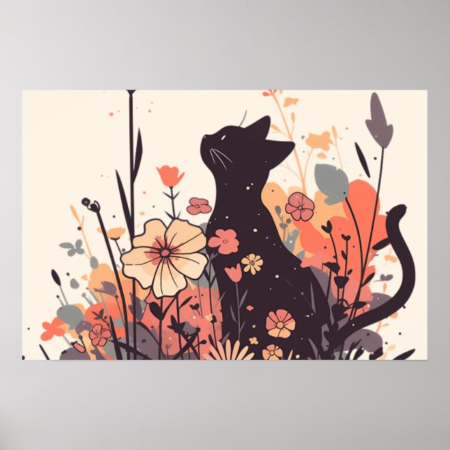 Cute Kawaii Cat i Fält Fullt Flowers Poster (Framsidan)