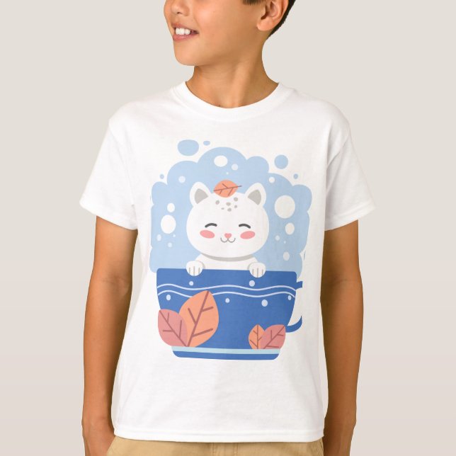 Cute Kawaii Cat in a Blue Teacup Boys' T-Shirt (Framsida)