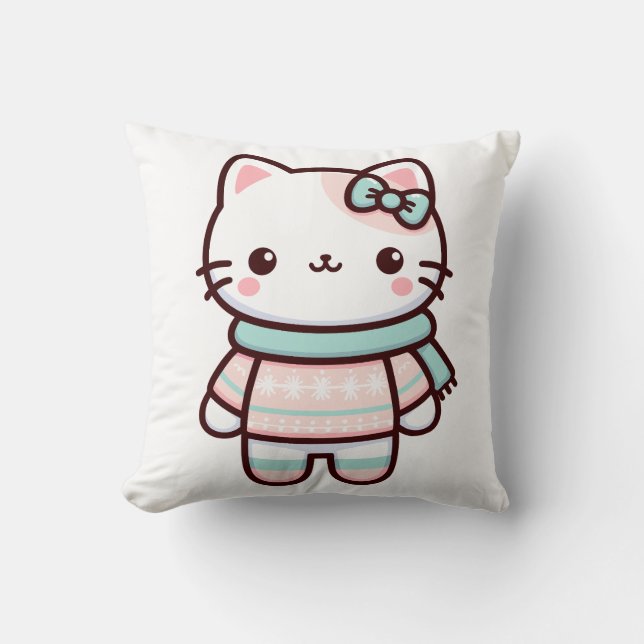 Cute Kawaii Cat in Sweater Kudde (Framsida)