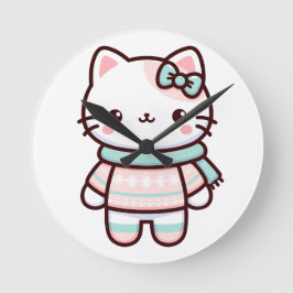 Cute Kawaii Cat in Sweater Rund Klocka