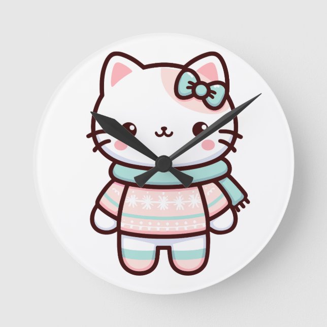 Cute Kawaii Cat in Sweater Rund Klocka (Framsida)