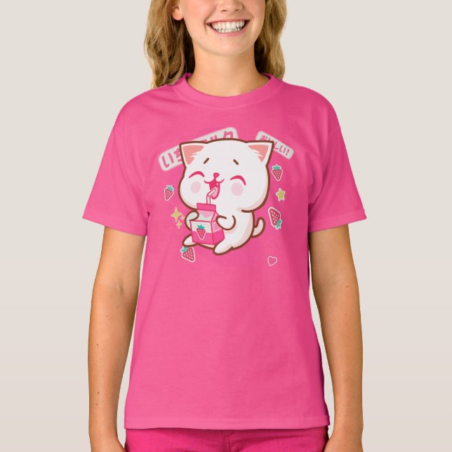 Cute Kawaii Cat Japansk jordgubbe Mjölk T Shirt (Framsida)
