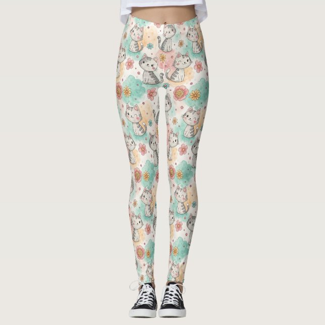 Cute kawaii cat kattunge pastel färg mönster leggings (Framsida)