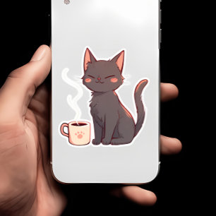 Cute Kawaii Cat med kaffe Kopp Klistermärken