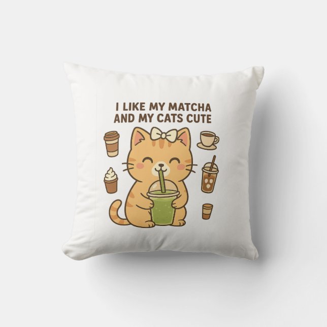 Cute Kawaii Cat med Matcha Grönt Tea Kudde (Framsida)