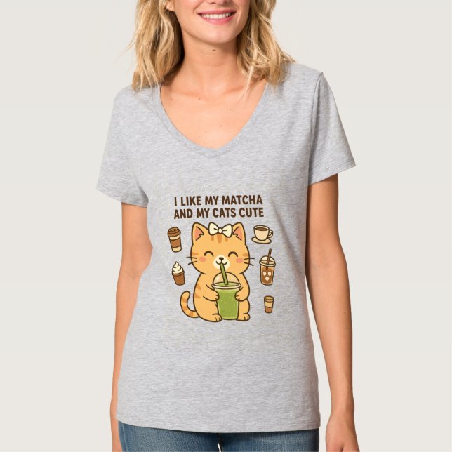 Cute Kawaii Cat med Matcha Grönt Tea T Shirt (Framsida)