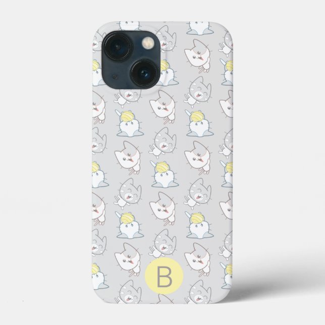 Cute Kawaii Cat Mönster Grått Gult Monogram (Baksida)