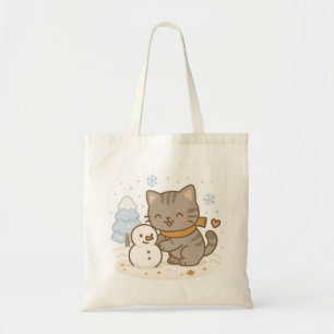 Cute Kawaii Cat och Snögubbe Winter Wonderland Tygkasse