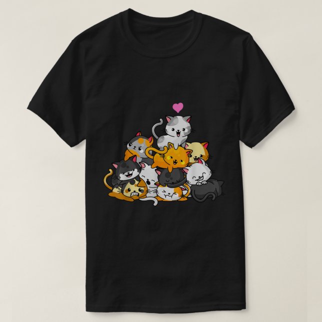 Cute Kawaii Cat Pile Cartoon Design T Shirt (Design framsida)