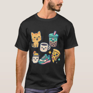 Cute Kawaii Cat, Pizza, Bubble Tea & Coffee - Roli T Shirt