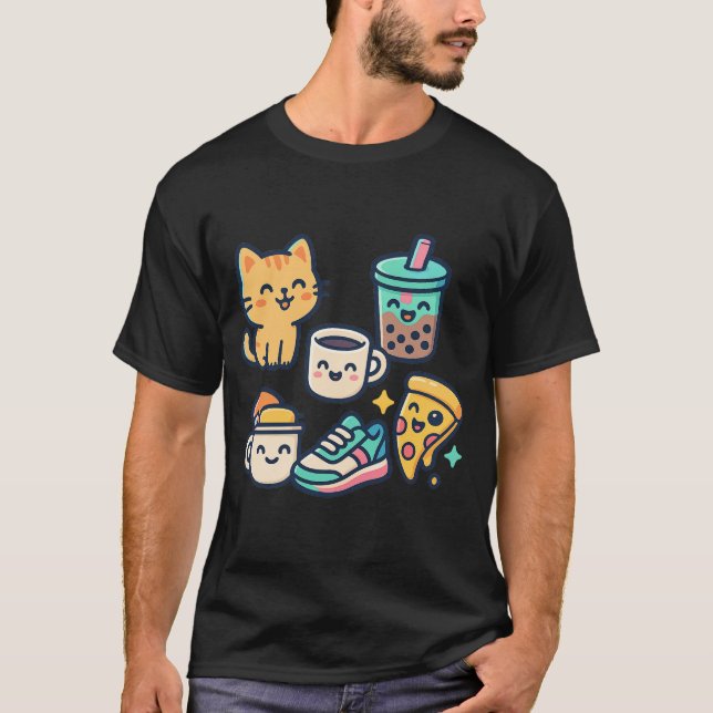 Cute Kawaii Cat, Pizza, Bubble Tea & Coffee - Roli T Shirt (Framsida)