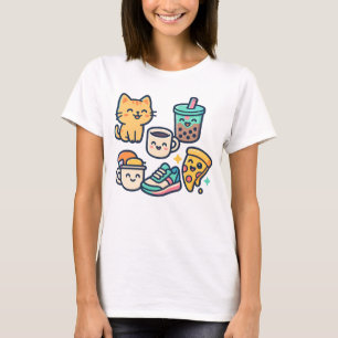 Cute Kawaii Cat, Pizza, Bubble Tea & Coffee - Roli T Shirt