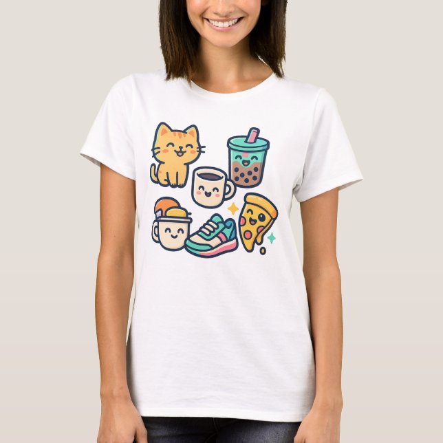 Cute Kawaii Cat, Pizza, Bubble Tea & Coffee - Roli T Shirt (Framsida)
