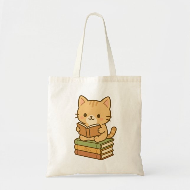 Cute Kawaii Cat Reading a Bok Bok Stash Tygkasse (Framsidan)