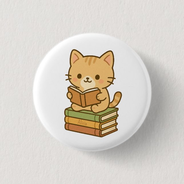Cute Kawaii Cat Reading a Bok Knapp (Framsida)
