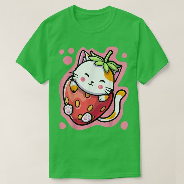 Cute Kawaii Cat Strawberry Mjölk Japans Anime Wom T Shirt (Design framsida)