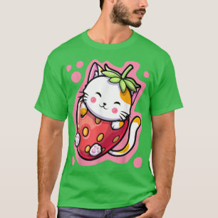 Cute Kawaii Cat Strawberry Mjölk Japans Anime Wom T Shirt