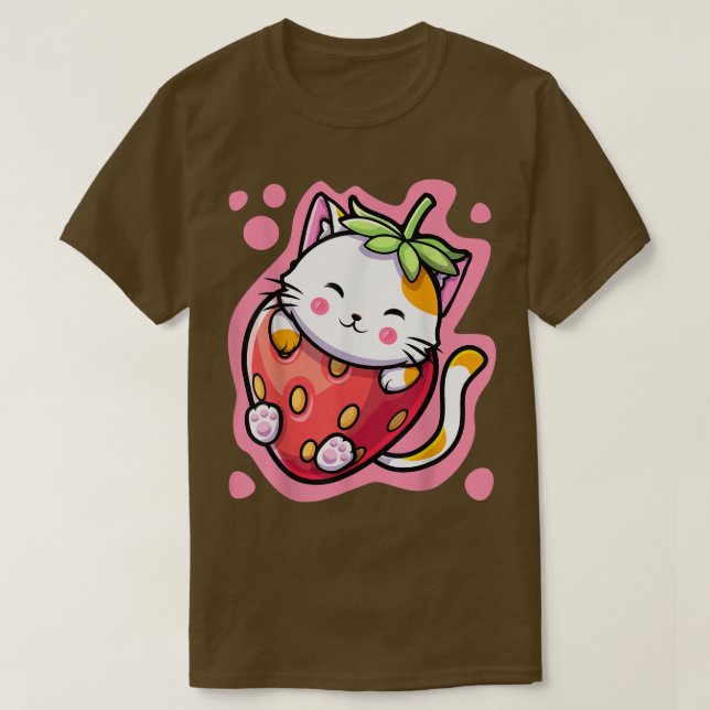 Cute Kawaii Cat Strawberry Mjölk Japans Anime Wom T Shirt (Design framsida)