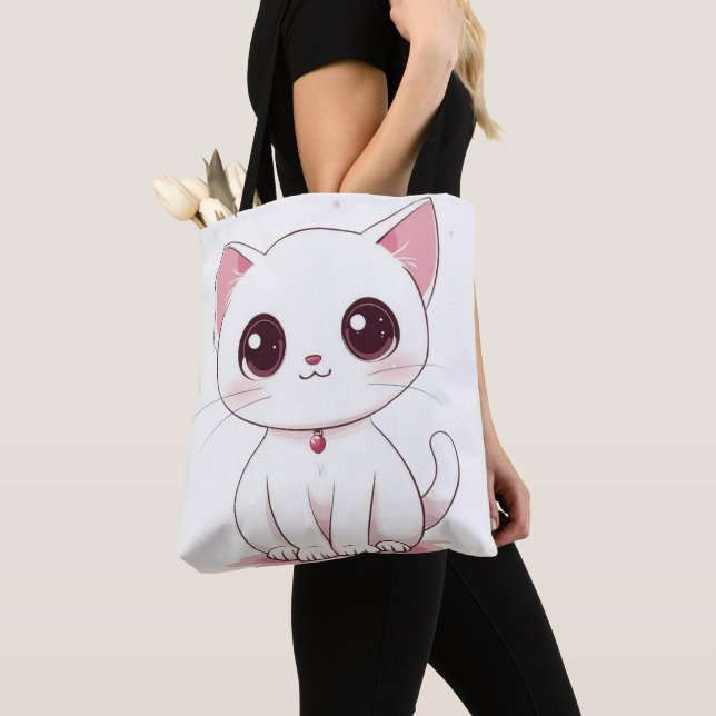 Cute Kawaii Cat Tote Bag Adsible Kattunge Skriv ut Tygkasse (Närbild)
