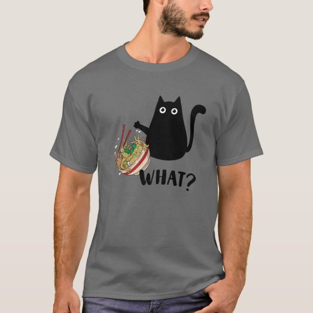 Cute Kawaii Cat "What?" Ramen Japanese Food Men, W T Shirt (Framsida)