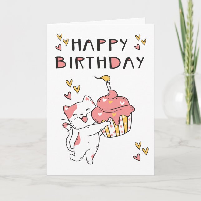 Cute Kawaii cat with cupcoa Birthday Card Kort (Framsida)