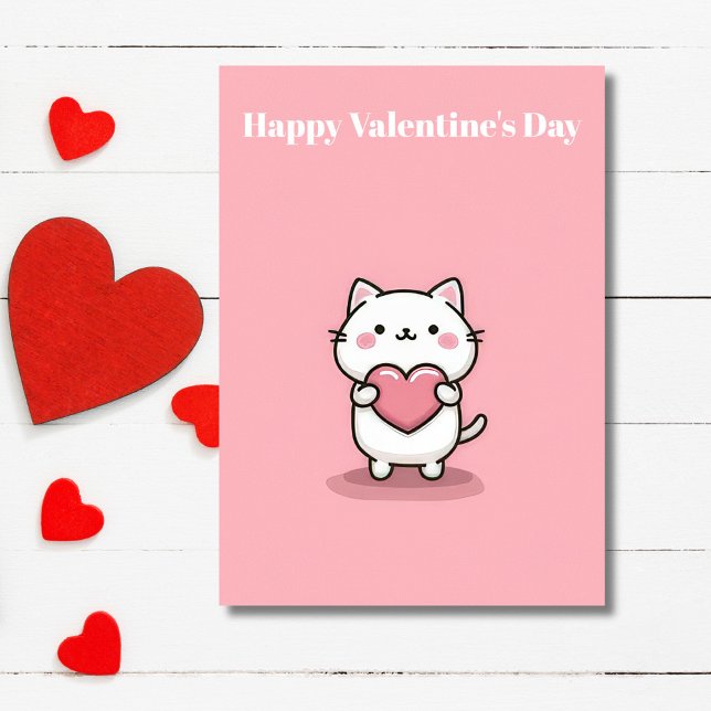 Cute Kawaii Cat with Heart Valentine`s Day Card  Kort (Skapare uppladdad)