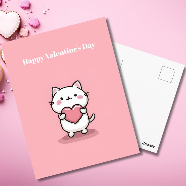 Cute Kawaii Cat with Heart Valentine`s Day Card  Vykort (Skapare uppladdad)
