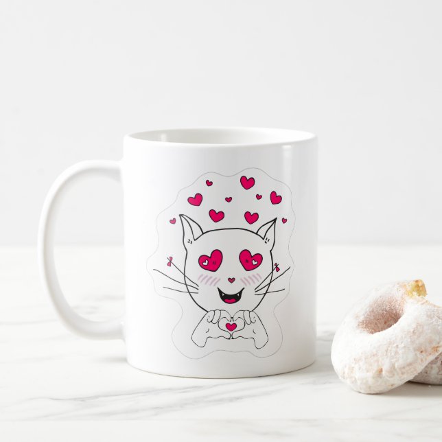 Cute kawaii cat with Hearts kärlek mugg. Kaffemugg (Med munk)