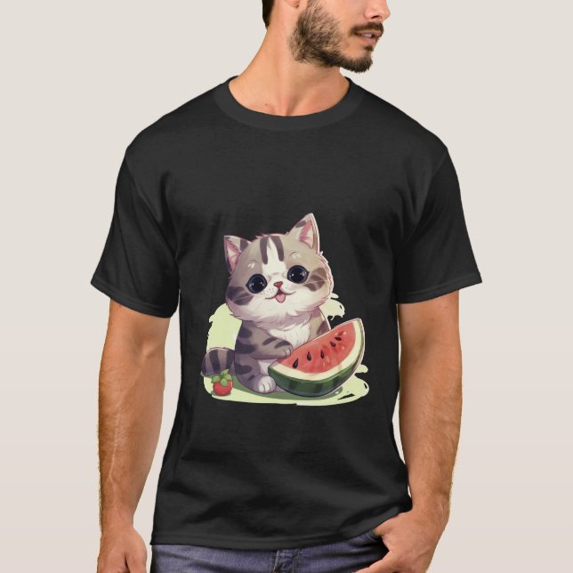Cute Kawaii Cat with Watermelon Summer Art ✨🐾🍉 T Shirt (Framsida)