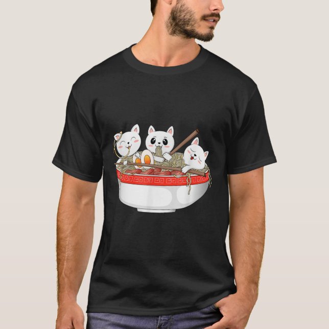 Cute Kawaii Cats Ramen Noodles Anime Japansk katt T Shirt (Framsida)