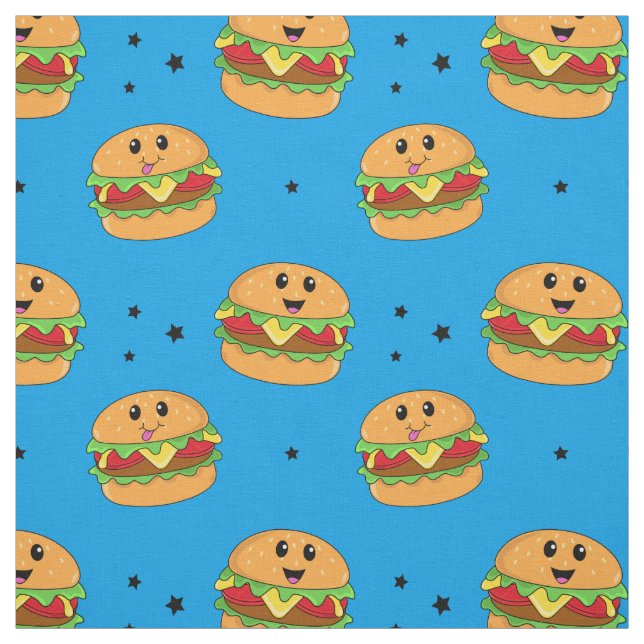Cute Kawaii Cheeseburger Mönster på Blue Tyg (Provkarta)
