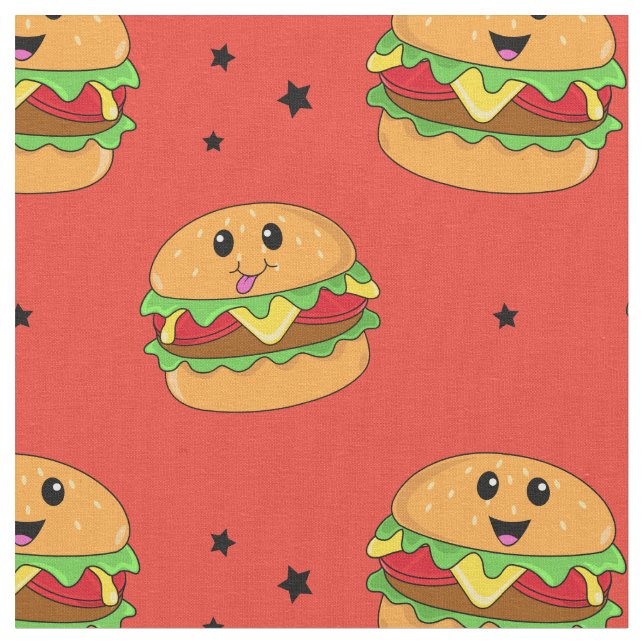 Cute Kawaii Cheeseburger Mönster på Red Tyg (Närbild)