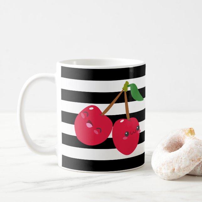 Cute Kawaii Cherry Black and White Stripe Kaffemugg (Med munk)