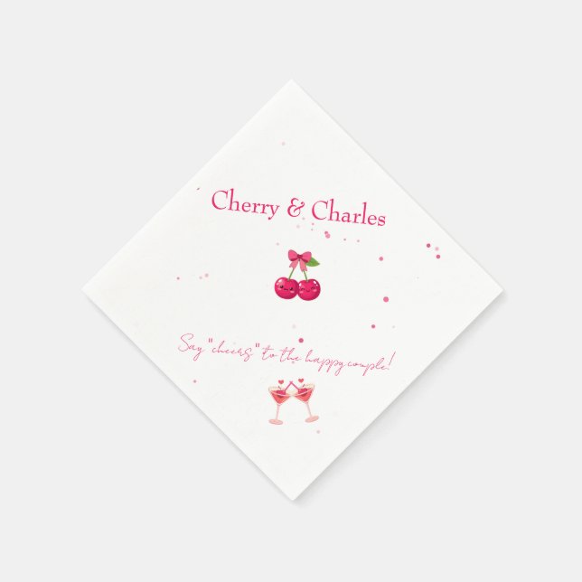 Cute Kawaii Cherry Couple Pink & Red Wedding  Pappersservett (Hörn)