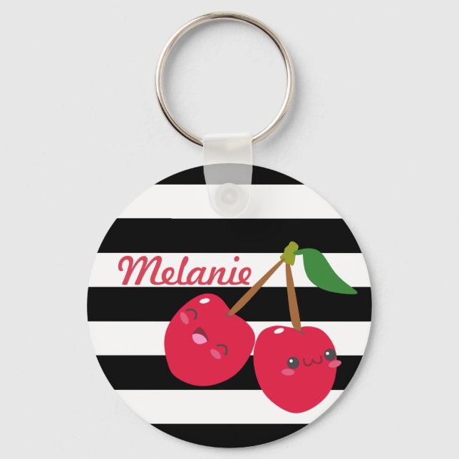Cute Kawaii Cherry Stripe-Personligen Nyckelring (Framsida)
