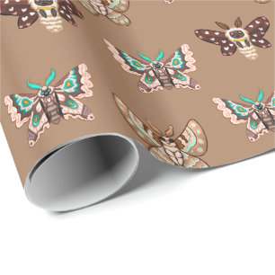 Cute Kawaii Chibi Moths på Kaffe Tan Presentpapper