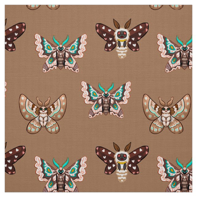 Cute Kawaii Chibi Moths på Kaffe Tan Tyg (Provkarta)