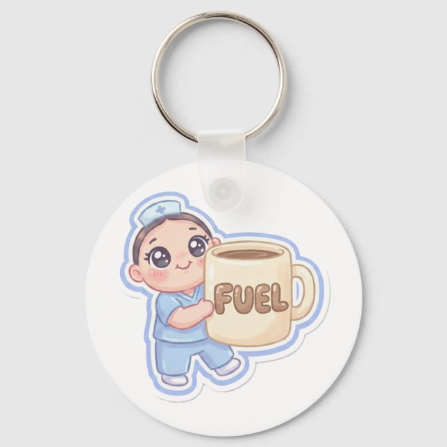 Cute Kawaii Chibi Nurse Giant Coffee Fuel  Nyckelring (Framsida)