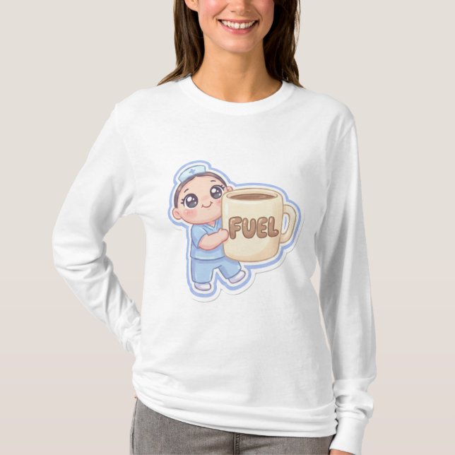 Cute Kawaii Chibi Nurse Giant Coffee Fuel  T Shirt (Framsida)