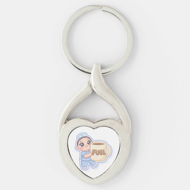 Cute Kawaii Chibi Nurse Giant Coffee Fuel  Twisted Heart Silverfärgad Nyckelring (Framsidan)