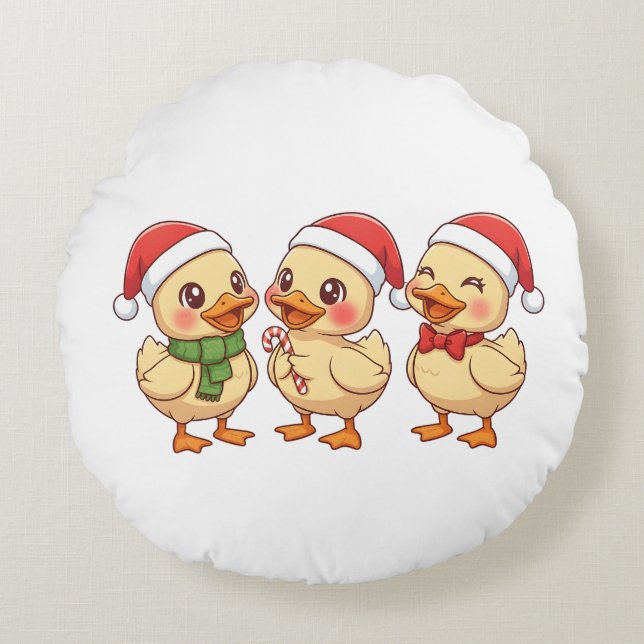 Cute Kawaii Christmas Ducks | Festive Holiday  Rund Kudde (Framsidan)
