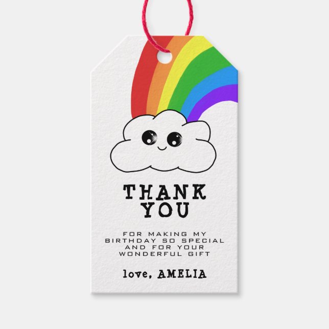 Cute Kawaii Cloud Rainbow Kid's Birthday Tack Presentetikett (Framsidan)